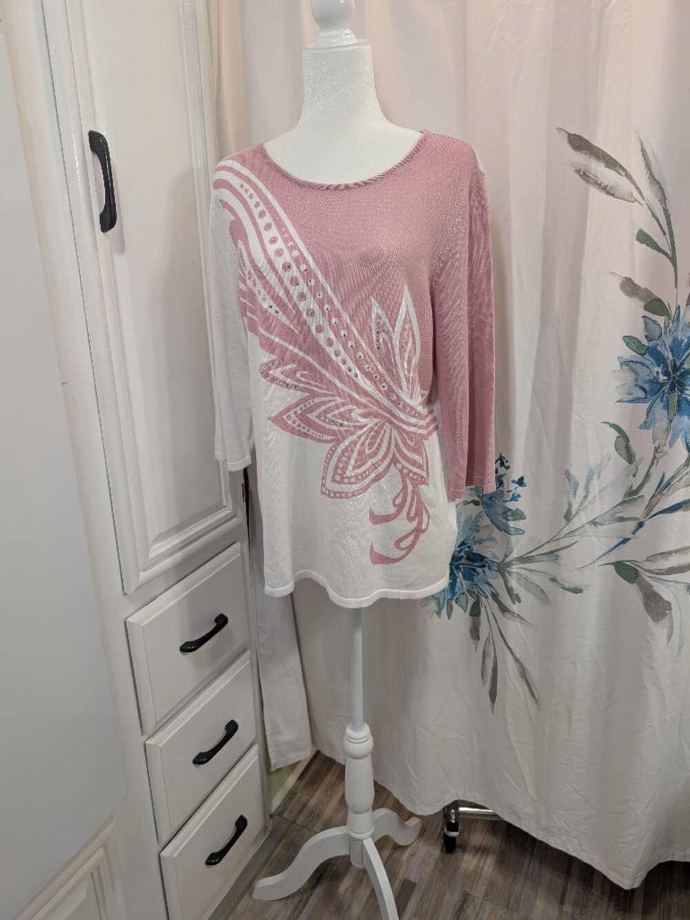 Fairy CottageCore Ultra Soft Pink & White Floral Long Sleeve Lightweight Sweater